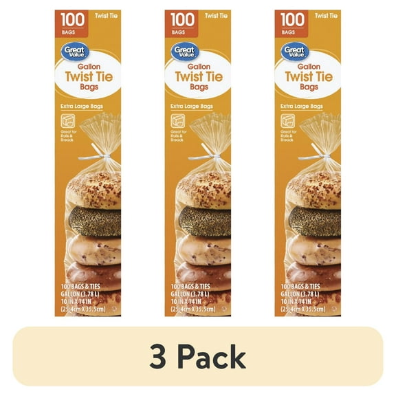 (3 pack) Great Value Twist Tie Storage Bags, Gallon, 100 Count