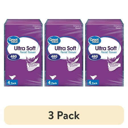 (3 pack) Great Value Ultra Soft Facial Tissues, 4 Flat Cartons, 120 Tissues per Flat, 3-Ply, Compare to Kleenex®
