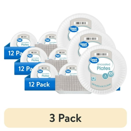 (3 pack) Great Value Uncoated Paper Plates, 6", 100ct