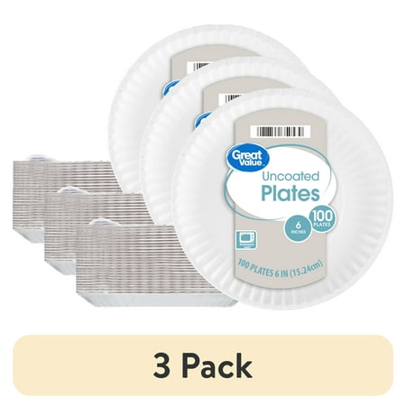 (3 pack) Great Value Uncoated Paper Plates, 6", 100ct