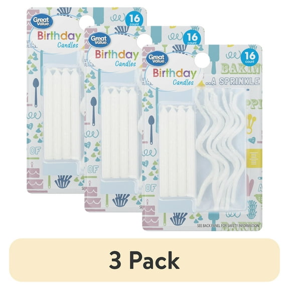(3 pack) Great Value White Straight & Wavy Birthday Candles, 16 Count