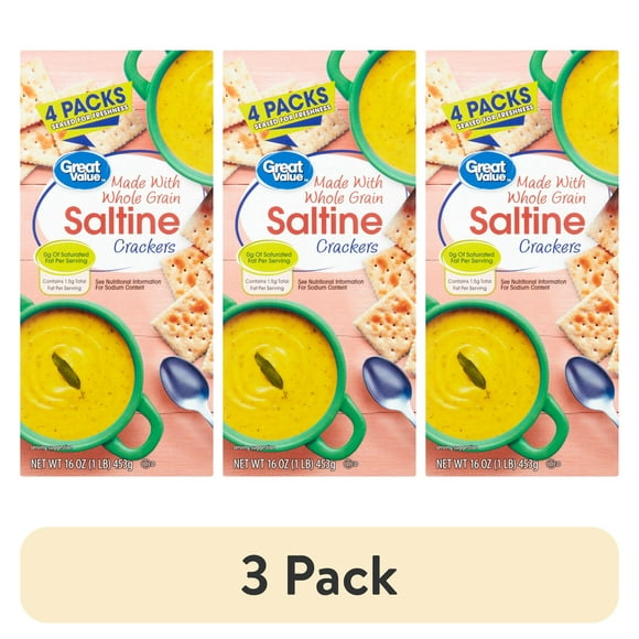 (3 pack) Great Value Whole Grain Saltine Crackers, 16 oz, 4 Count