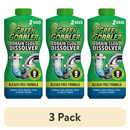 (3 pack) Green Gobbler Drain Clog Remover and Cleaner, Septic-Safe, Bleach-Free, No Harsh Fumes - 2 Uses