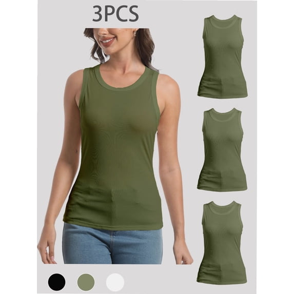 3-pack Green Women Tank Tops Summer Sleeveless Basic Cami Top Shirt Slim Racerback Blouses