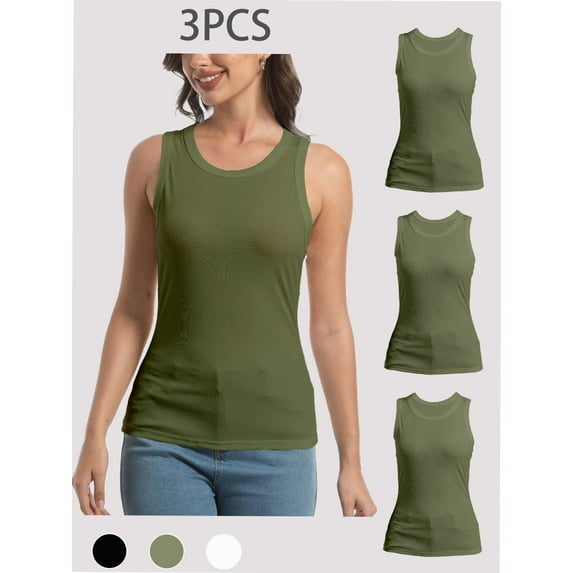3-pack Green Women Tank Tops Summer Sleeveless Basic Cami Top Shirt Slim Racerback Blouses
