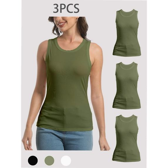 3-pack Green Women Tank Tops Summer Sleeveless Basic Cami Top Shirt Slim Racerback Blouses