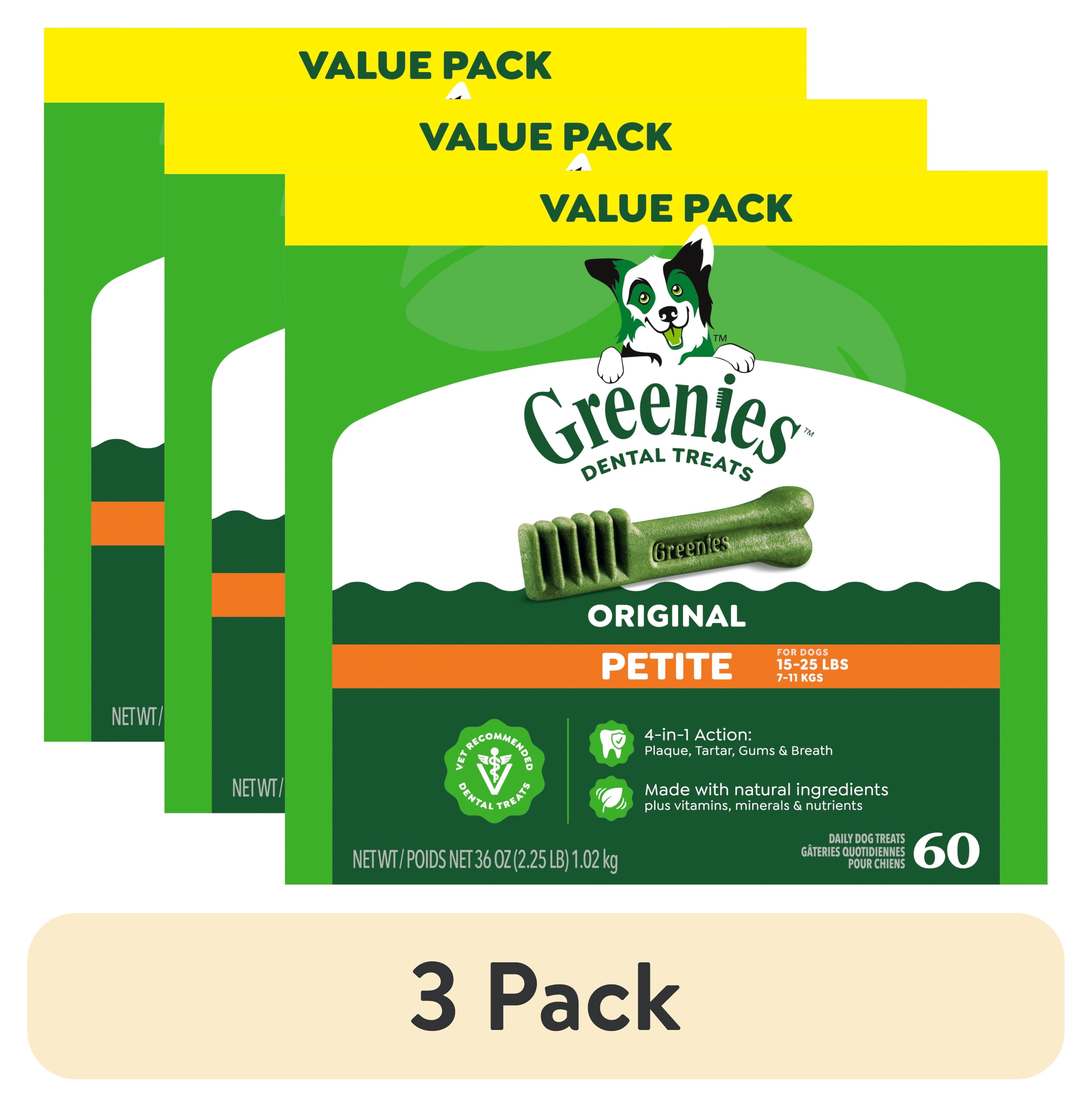 (3 pack) Greenies Original Flavor Adult Natural Dental Dog Treats Petite Size, 36 oz Pack 60 Count