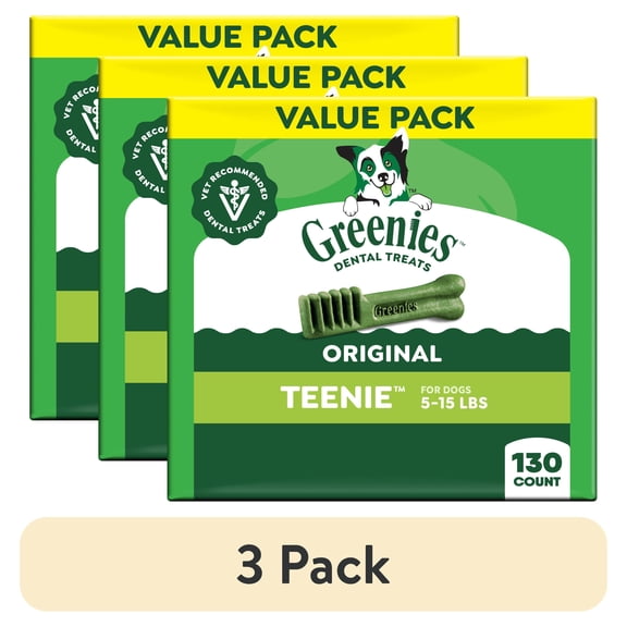 (3 pack) Greenies Original Flavor Adult Natural Dental Dog Treats Teenie Size, 36 oz Pack (130 Count)
