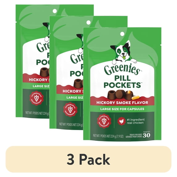 (3 pack) Greenies Pill Pockets for Dogs Hickory Smoke Large, Capsule Size Soft Dog Treats, 7.9 oz (30 Pk)