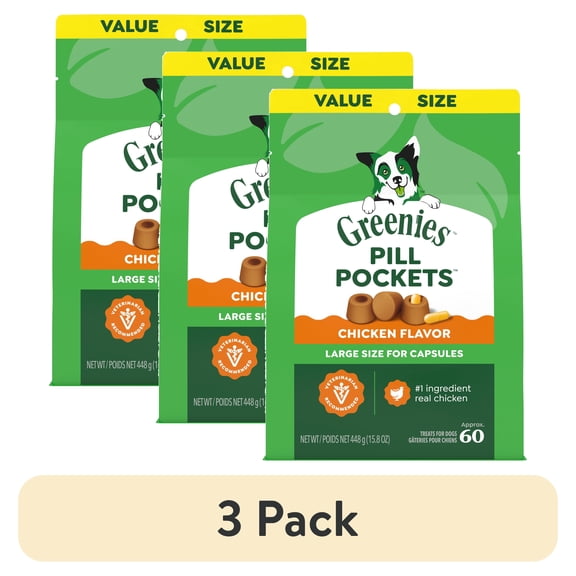 (3 pack) Greenies Pill Pockets for Dogs Chicken Flavor Large, Capsule Size Soft Dog Treats, 15.8 oz, (60 Pk)
