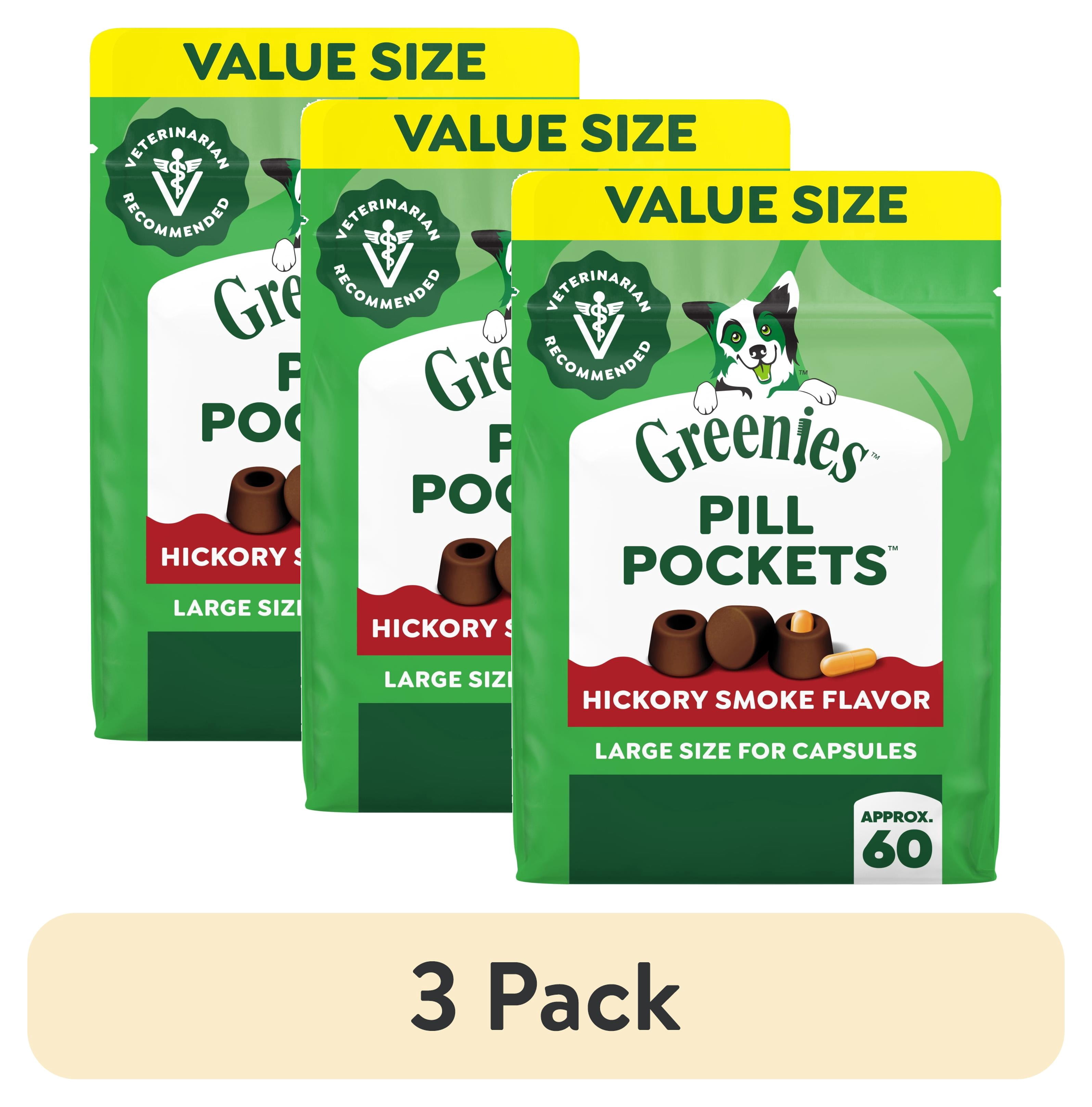 (3 pack) Greenies Pill Pockets for Dogs Hickory Smoke Flavor Large Size Soft Dog Treats, 15.8 oz Pouch