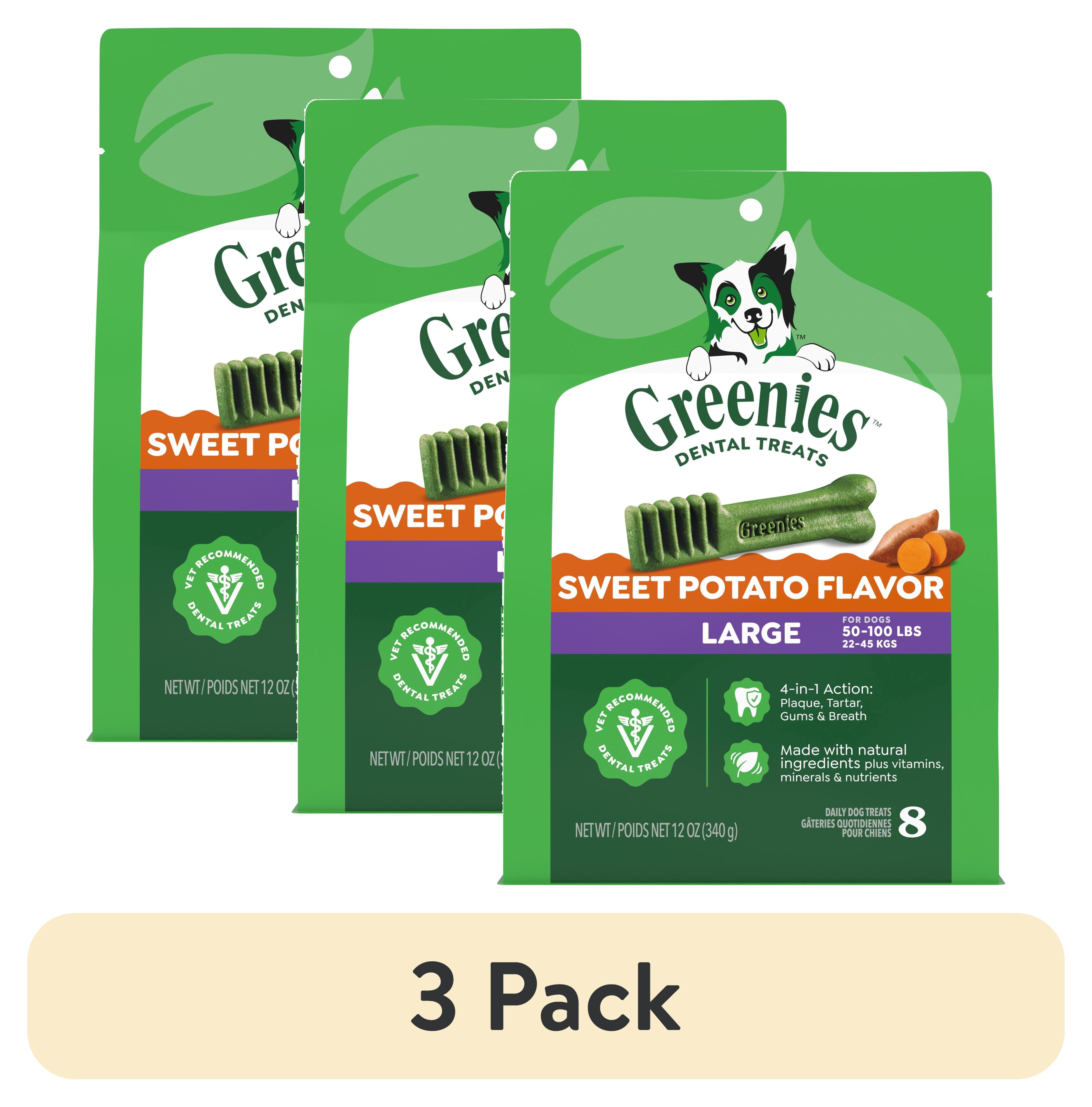 (3 pack) Greenies Sweet Potato Flavor Adult Natural Dental Dog Treats Large Size, 12 oz Pack (8 Count)