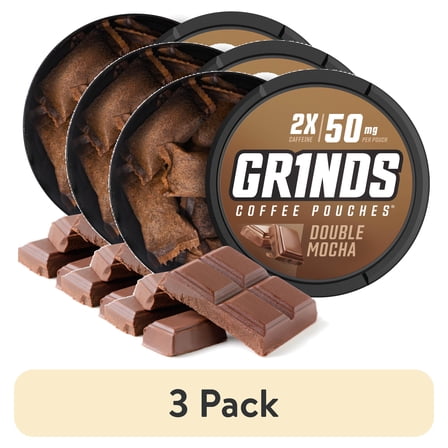 (3 pack) Grinds Coffee Pouches, 50mg Caffeine, Double Mocha, 18 Pouches (1 Can)