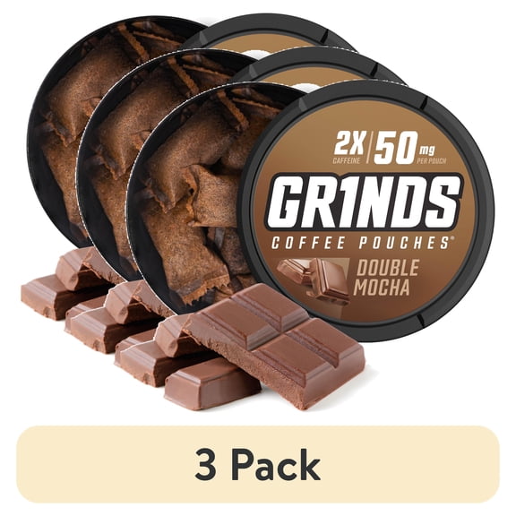 (3 pack) Grinds Coffee Pouches, 50mg Caffeine, Double Mocha, 18 Pouches (1 Can)