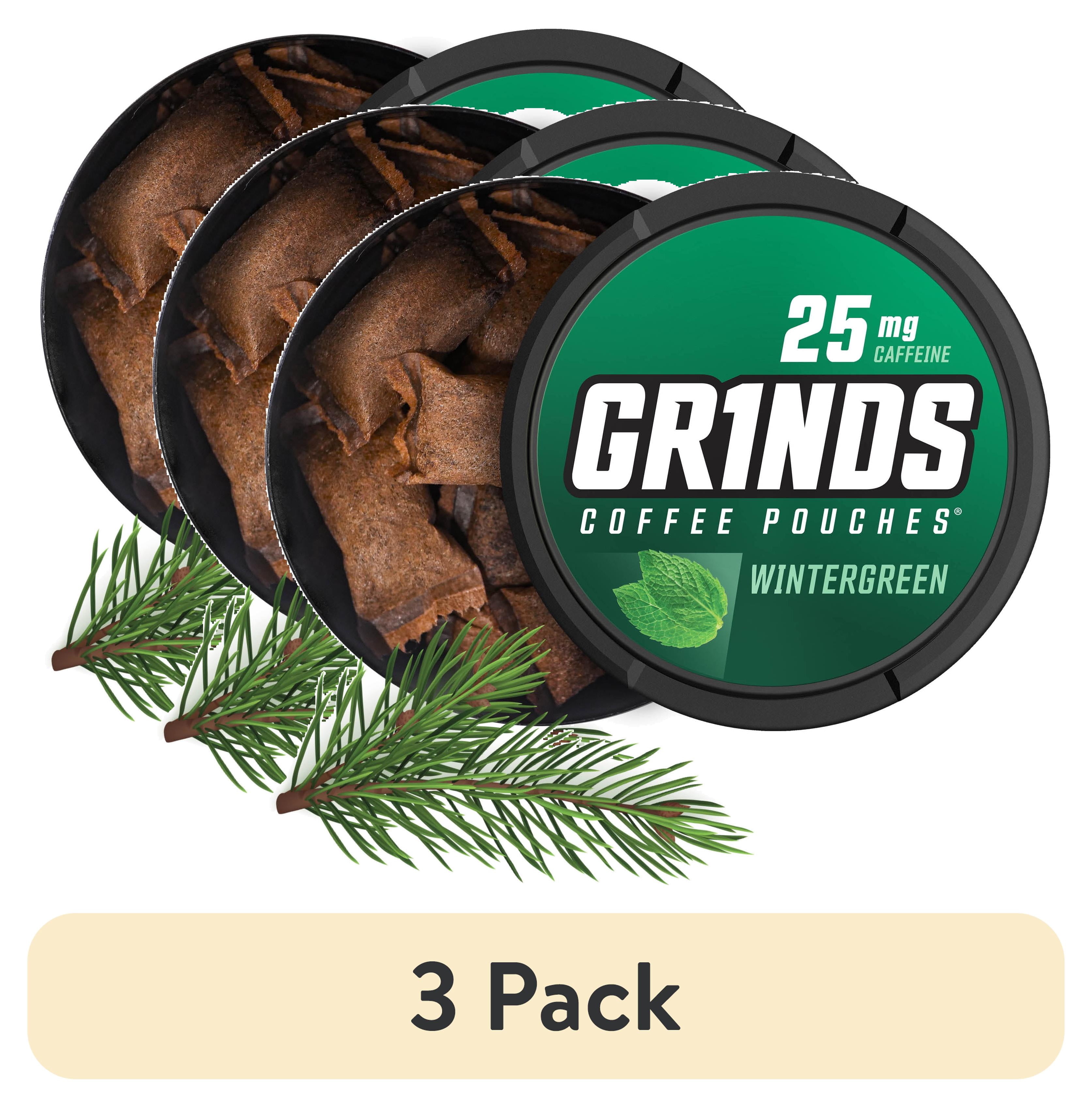 does grinds coffee pouches have tobacco (3 pack) Grinds Coffee Pouches, Nicotine-Free, 25mg Caffeine, Wintergreen,  15 Pouches (1 Can)