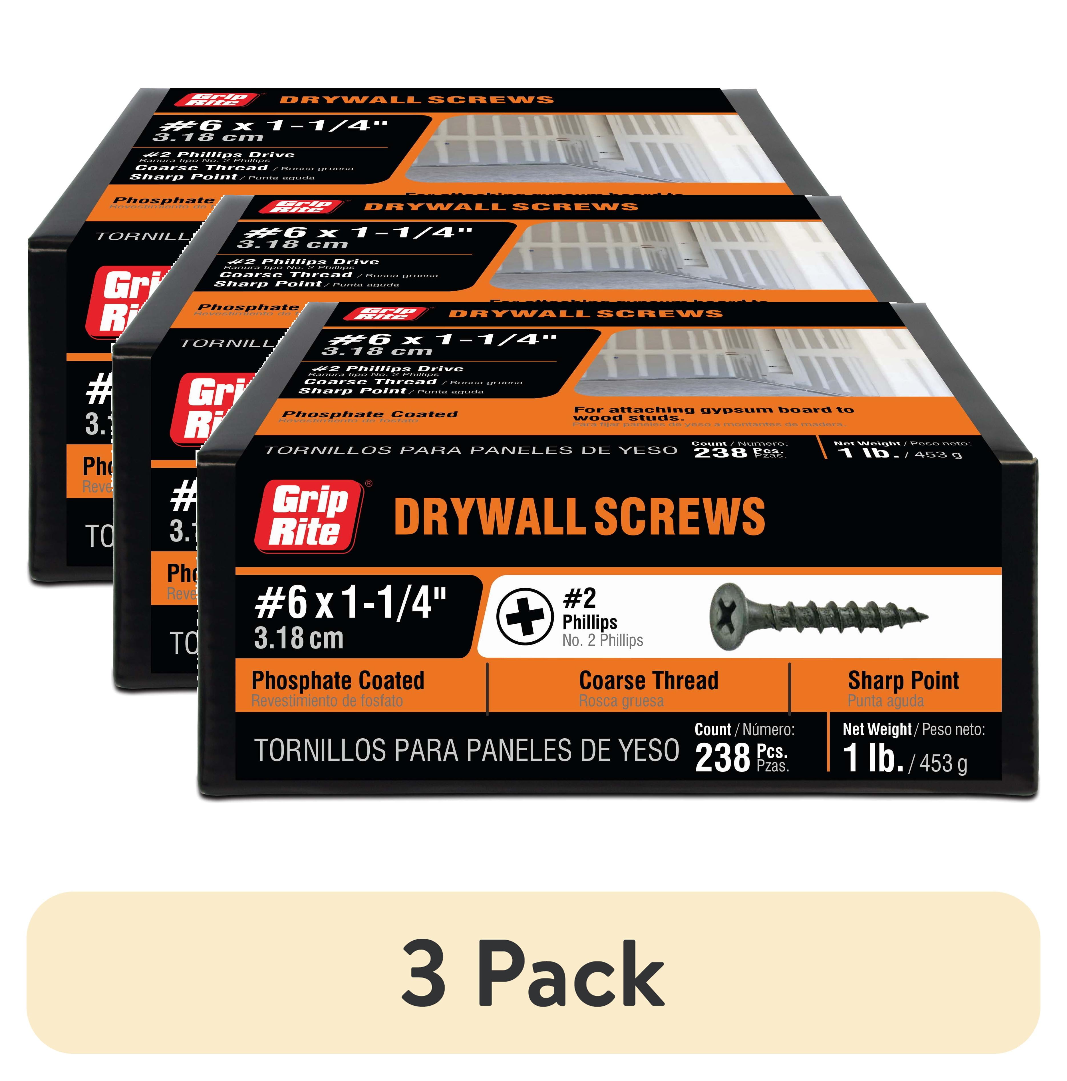 (3 pack) Grip-Rite #6 x 1-1/4 in. Phillips Bugle-Head Coarse Thread Sharp Point Drywall to Wood Screw 1lb.