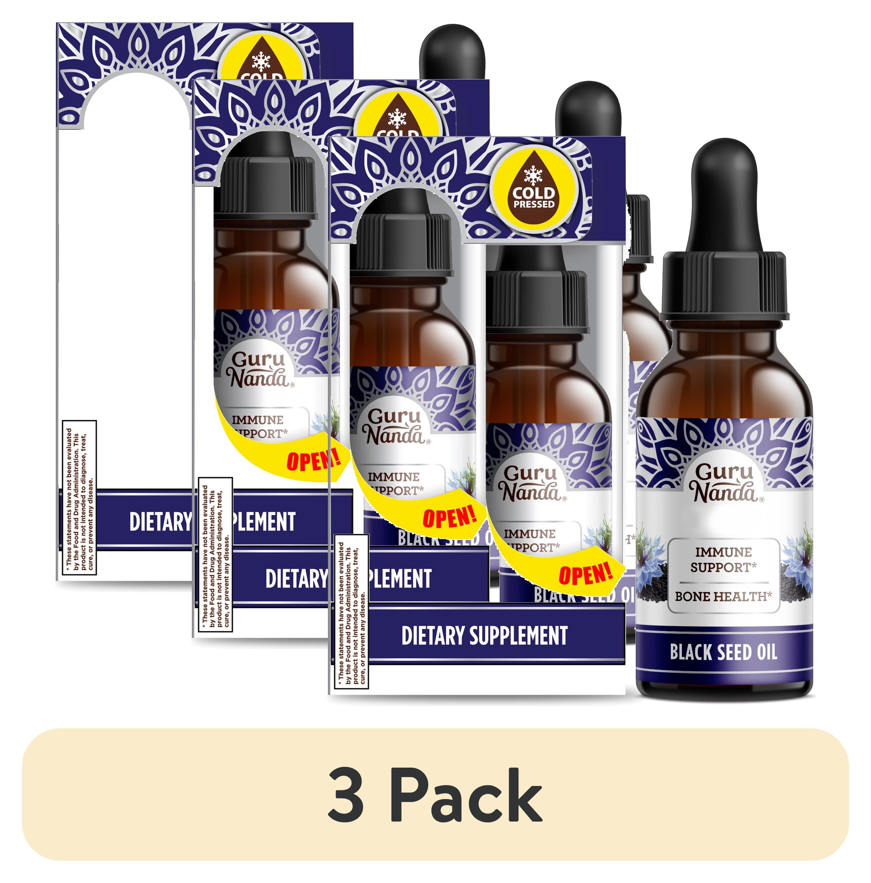 (3 pack) GuruNanda Cold Pressed Black Seed Oil Liquid Dietary Supplement  with Vitamin D3 & K2-Supports Immune & Bone Health
