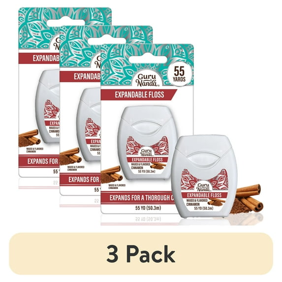 (3 pack) GuruNanda Expandable Waxed Dental Floss - Deep Gentle String Floss - Cinnamon Flavor - 55 Yards