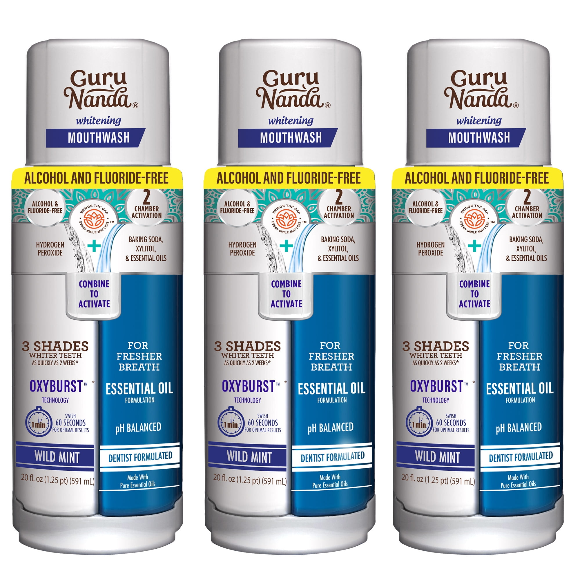 (3 pack) GuruNanda Teeth Whitening Dual Barrel Mouthwash- Alcohol Free & Fluoride Free, Wild Mint, 20 fl oz