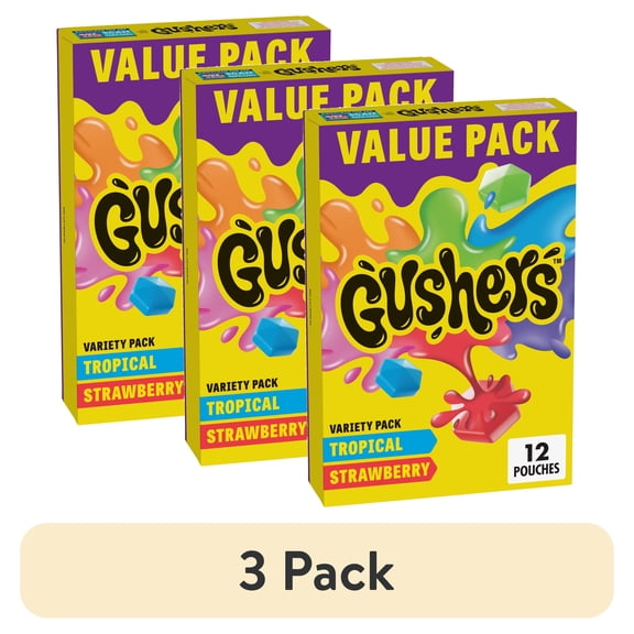 (3 pack) Gushers Gluten Free Tropical and Strawberry Fruit Flavored Snacks (12 Pouches)