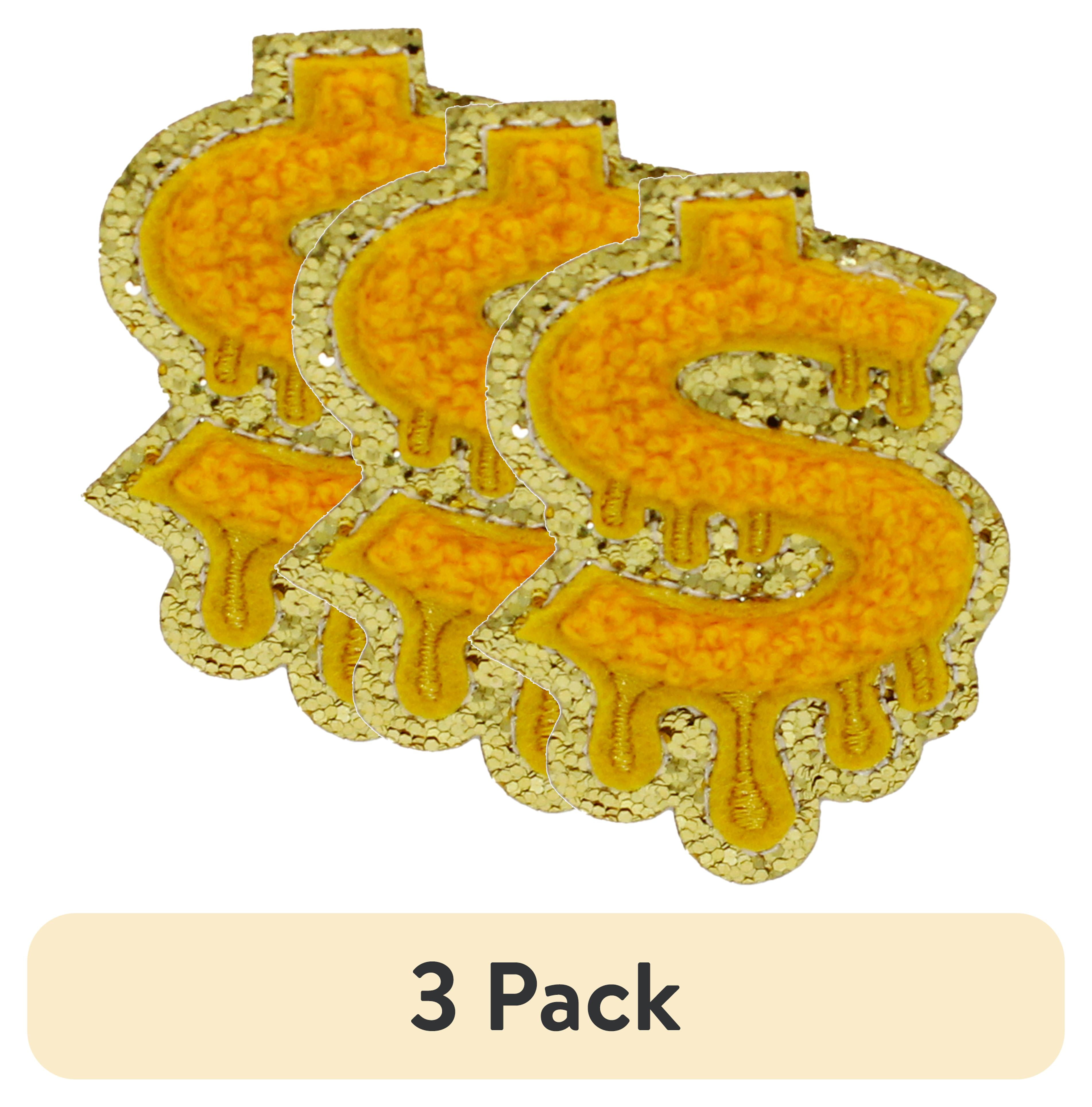 (3 pack) Gwen Studios Embroidered Gold Dollar Sign Iron-on Patch Applique, 1.7" x 2.4"