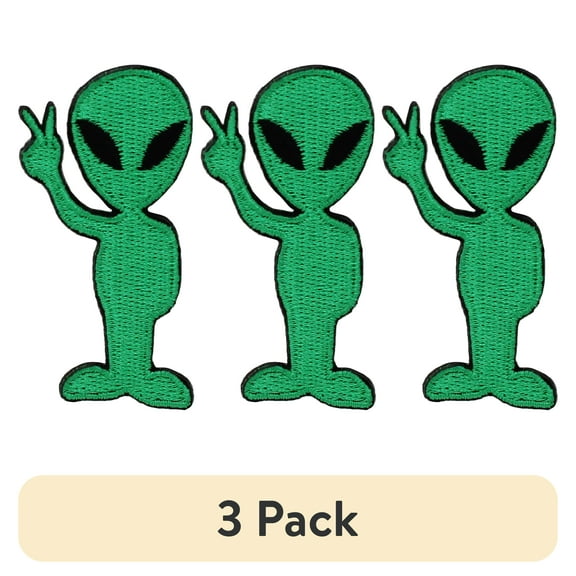 (3 pack) Gwen Studios Embroidered Green Alien Iron-on Patch Applique, 2.4" x 1.1"
