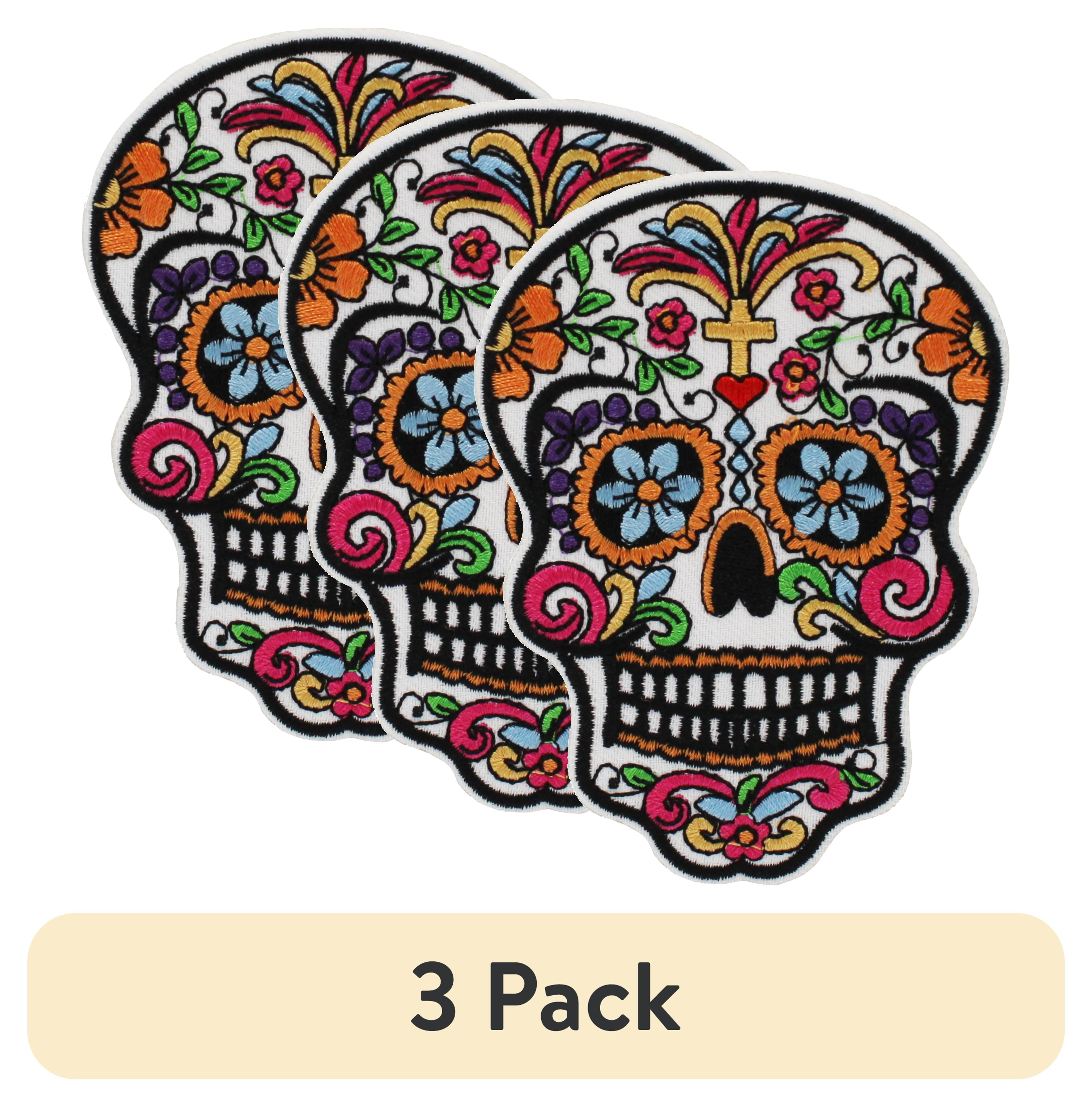 (3 pack) Gwen Studios Embroidered Multicolor Sugar Skull Iron-on Patch Applique, 2.9" x 3.9"
