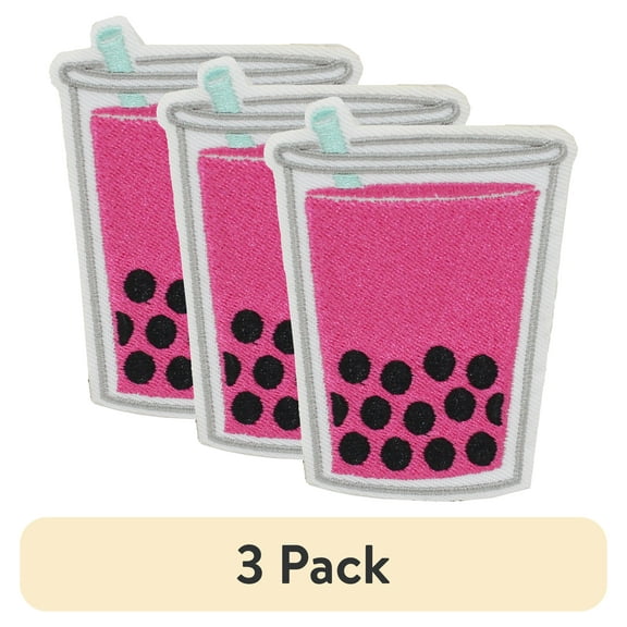 (3 pack) Gwen Studios Embroidered Pink Bubble Tea Iron-on Patch Applique, 2.3" x 3.2"