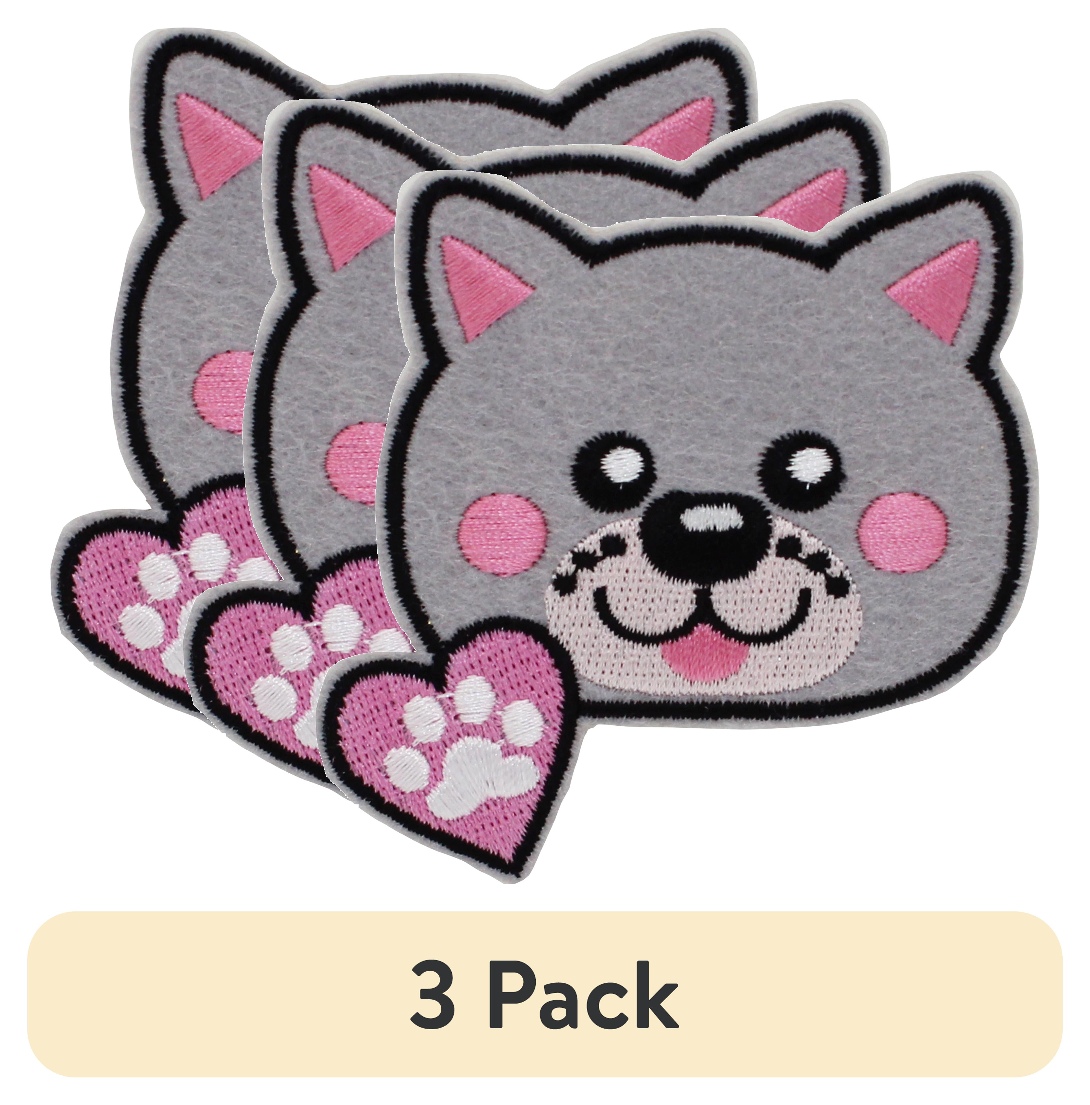 (3 pack) Gwen Studios Embroidered Pink and Gray Cat Iron-on Patch Applique, 2.7" x 2.95"