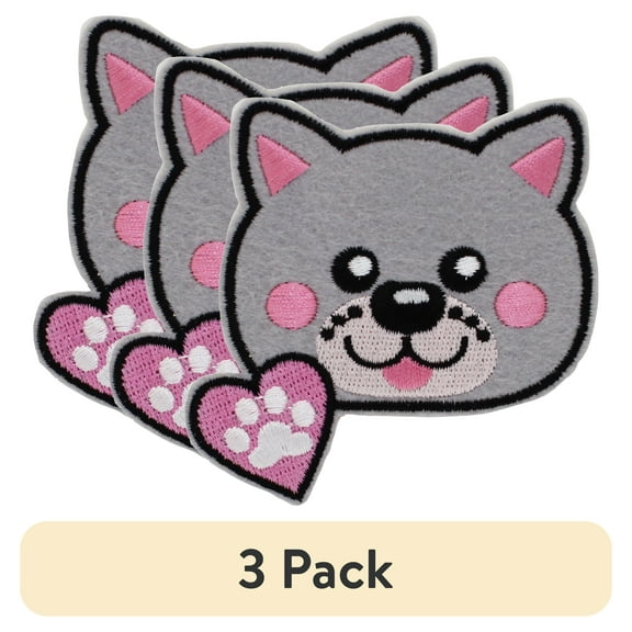 (3 pack) Gwen Studios Embroidered Pink and Gray Cat Iron-on Patch Applique, 2.7" x 2.95"