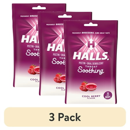 (3 pack) HALLS Throat Soothing (Previously HALLS Breezers) Cool Berry Throat Drops, 25 Drops