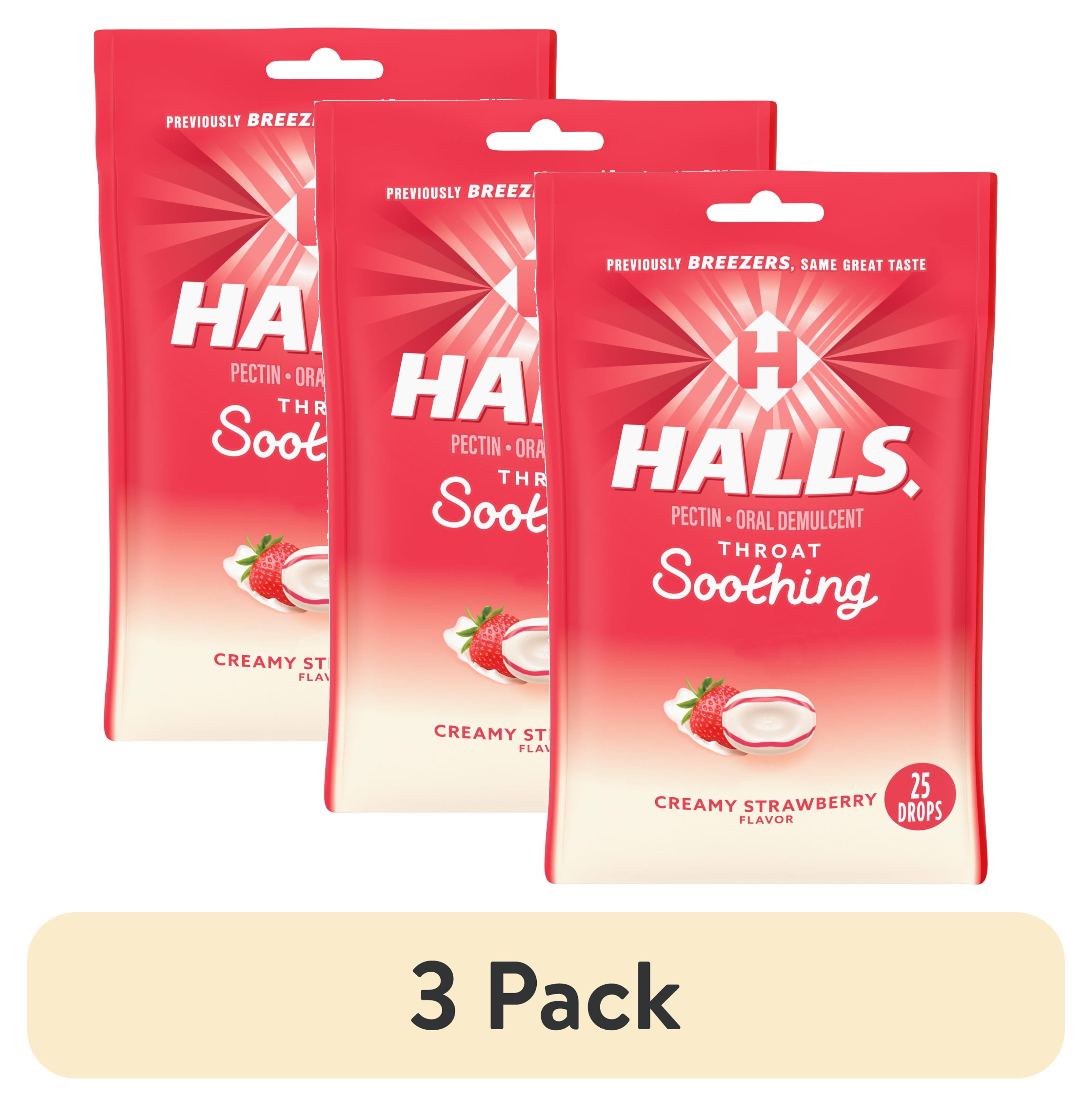 (3 pack) HALLS Throat Soothing (Previously HALLS Breezers) Creamy Strawberry Throat Drops, 25 Drops