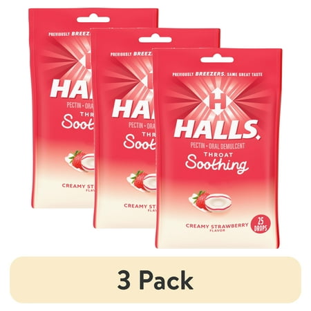 (3 pack) HALLS Throat Soothing (Previously HALLS Breezers) Creamy Strawberry Throat Drops, 25 Drops