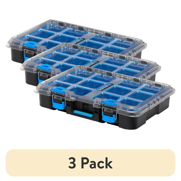 (3 pack) HART Stack System Small Parts Organizer with Removable Bins, Black with Blue Accents