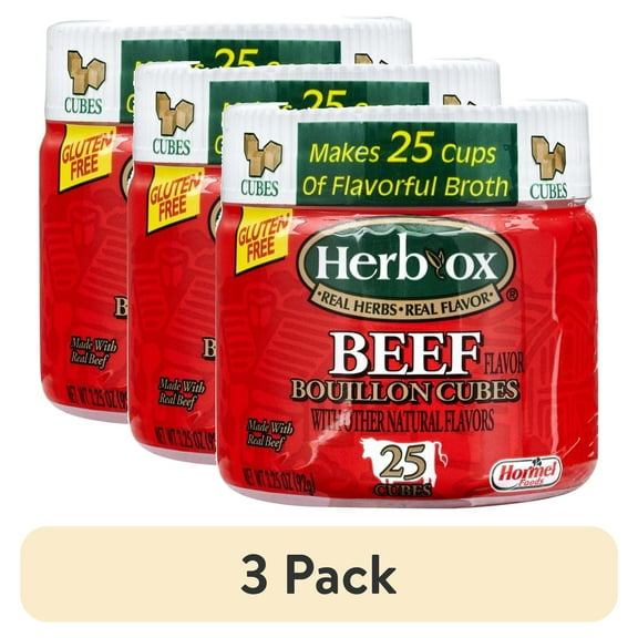 (3 pack) HERB-OX Beef Bouillon Cubes, 25 Count, Shelf-Stable, 3.25 oz Plastic Jar