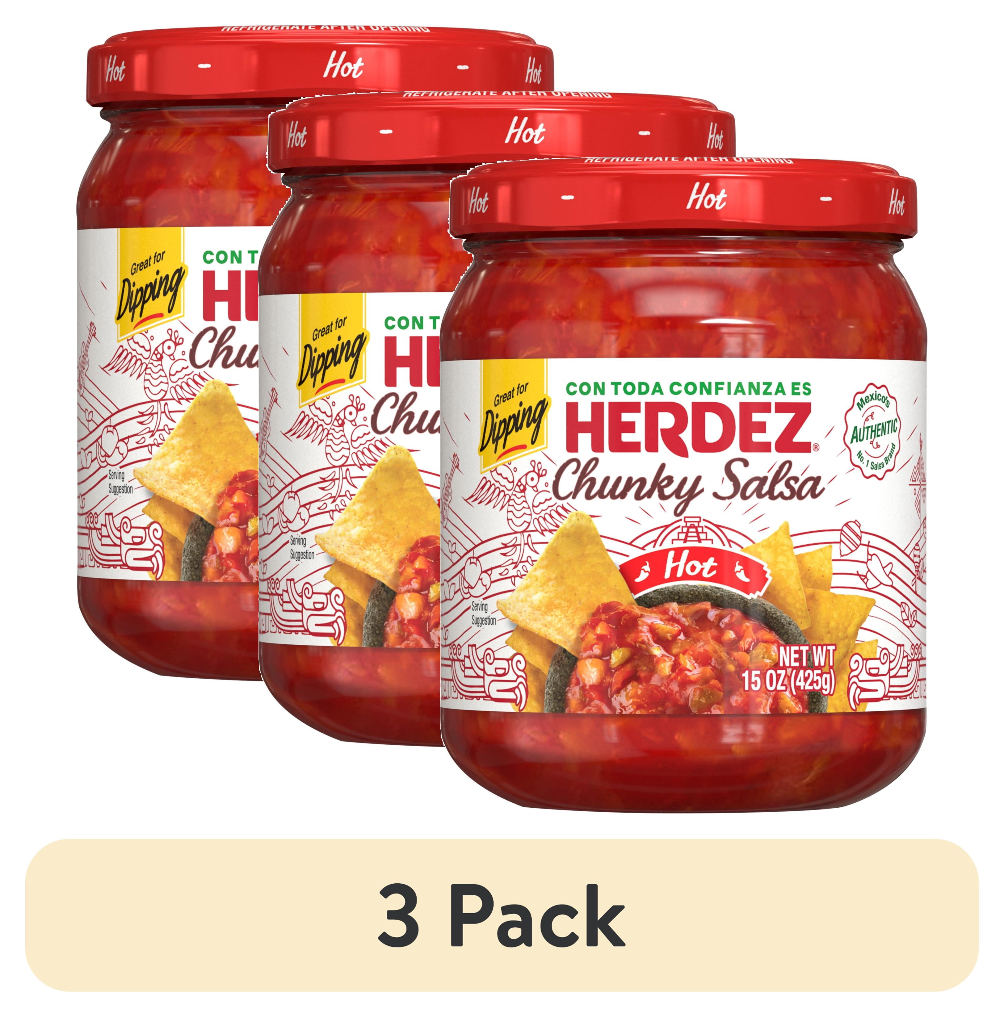 (3 pack) HERDEZ Chunky Salsa Hot, Tortilla Chip Dip, Shelf Stable, 15 oz  Glass Jar