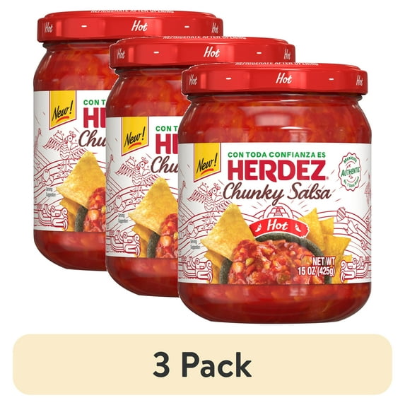 (3 pack) HERDEZ Chunky Salsa Hot, Tortilla Chip Dip, Shelf Stable, 15 oz Glass Jar