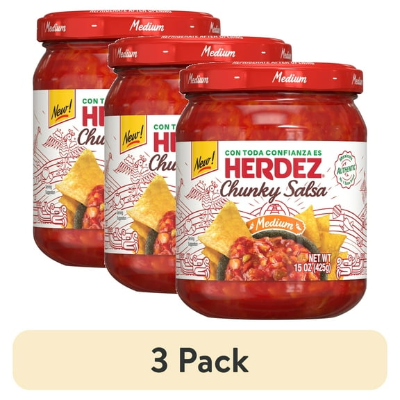 (3 pack) HERDEZ Chunky Salsa Medium, Tortilla Chip Dip, Shelf Stable, 15 oz Glass Jar