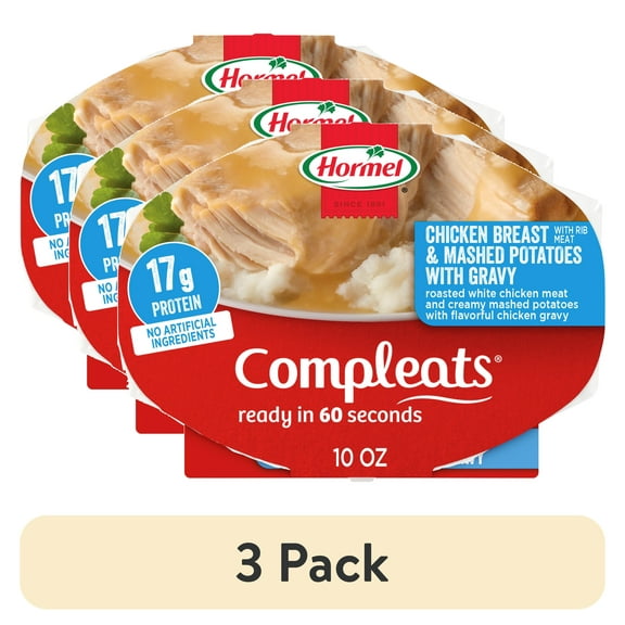 (3 pack) HORMEL COMPLEATS Chicken Breast with Gravy & Mashed Potatoes, Shelf Stable, 10 oz Plastic Tray