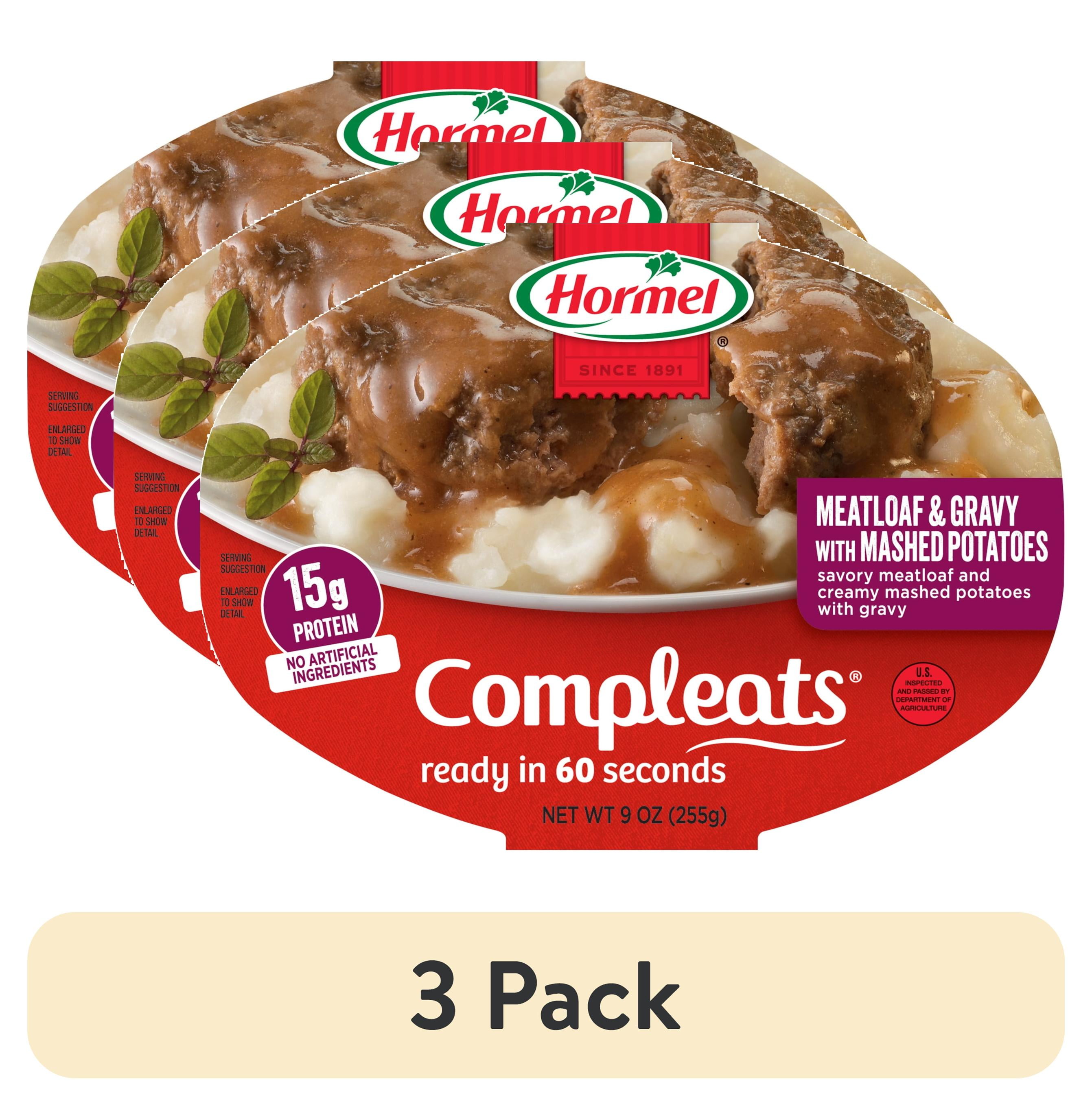 (3 pack) HORMEL COMPLEATS Meatloaf and Gravy with Mashed Potatoes, Shelf Stable 9 oz Plastic Tray