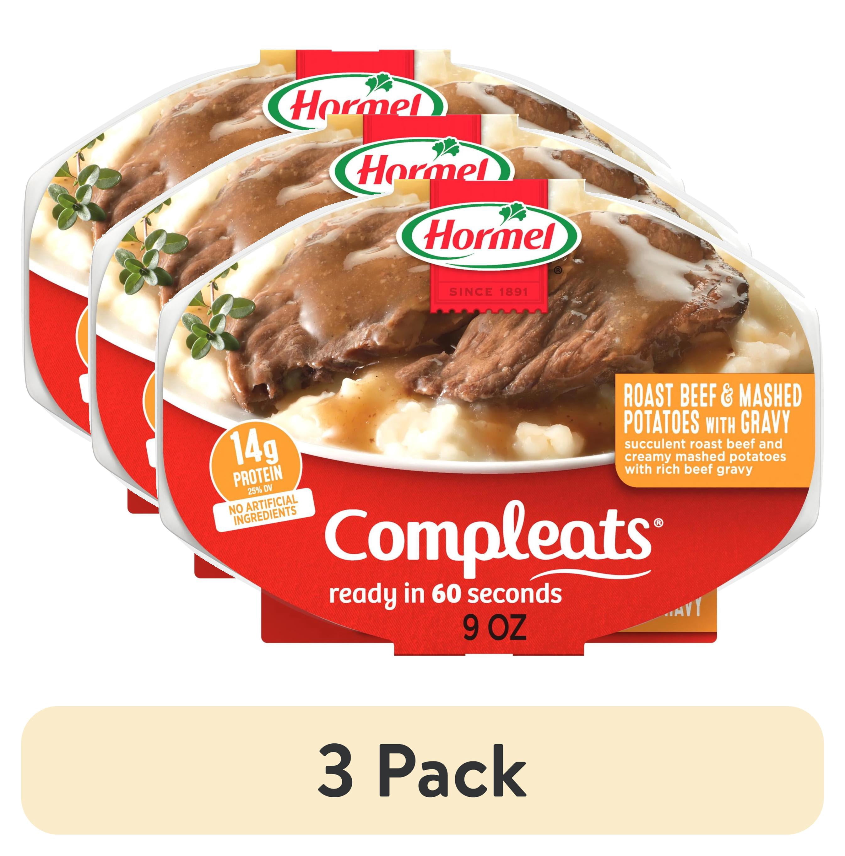 (3 pack) HORMEL COMPLEATS Roast Beef & Mashed Potatoes, Shelf-Stable, 14 grams Protein, 9 oz Plastic Microwaveable Tray