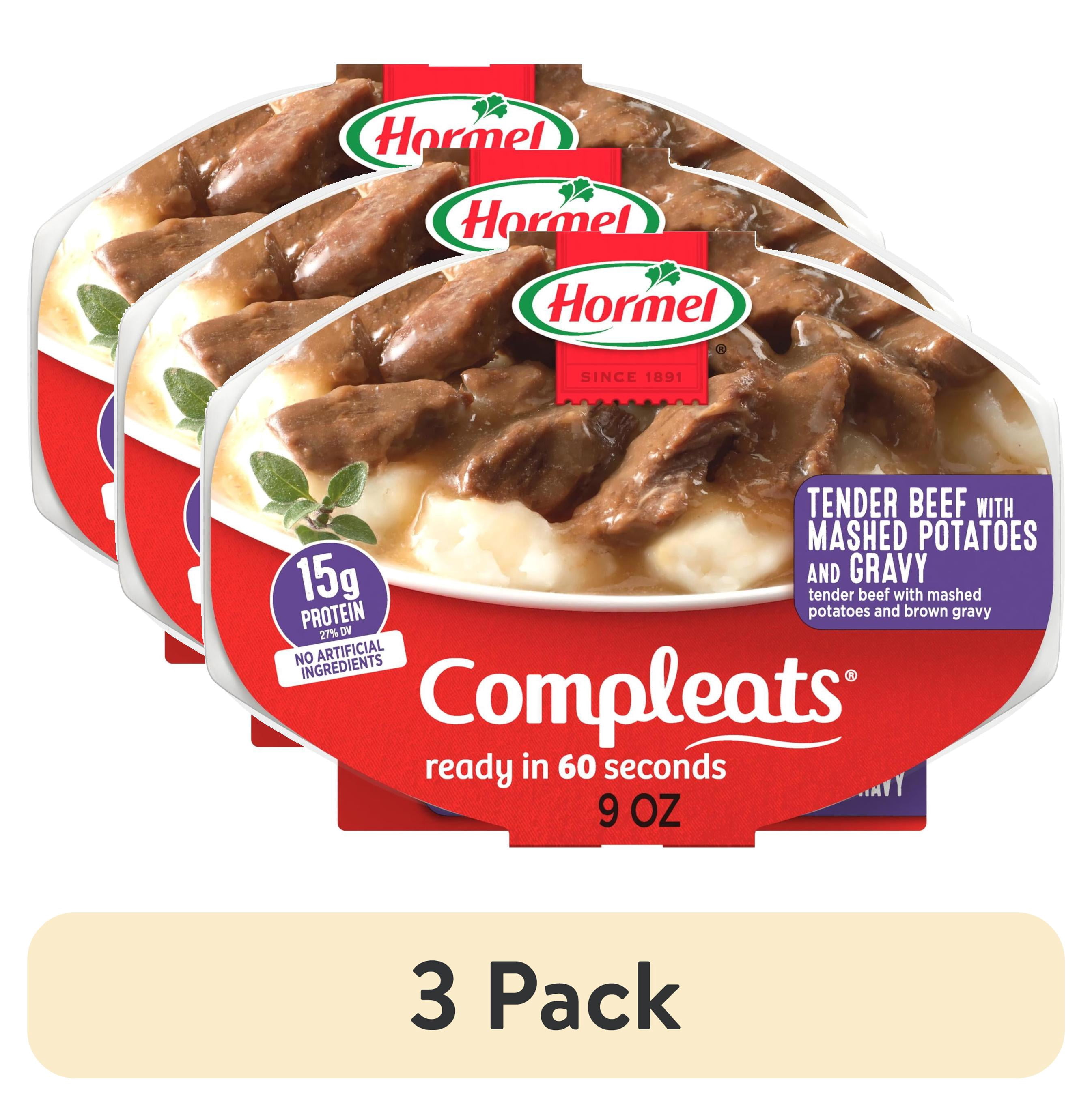(3 pack) HORMEL COMPLEATS Tender Beef Tips with Mashed Potatoes and Gravy, Shelf-Stable, 15 grams Protein, 9 oz Plastic Microwaveable Tray