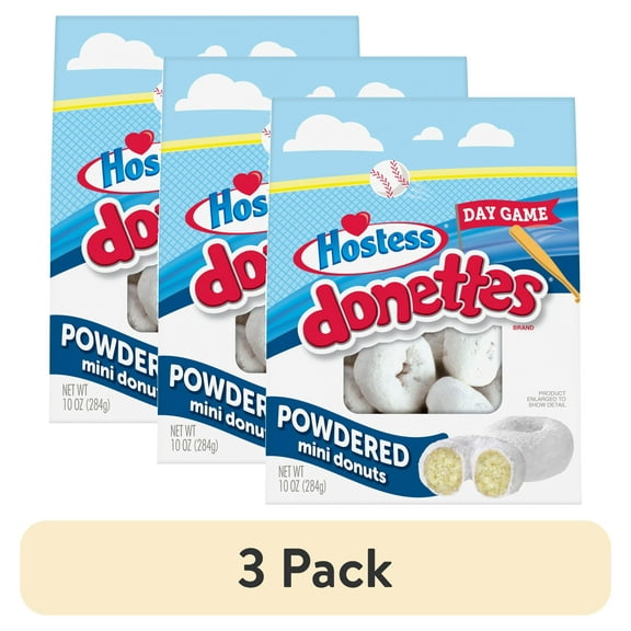 (3 pack) HOSTESS Baseball Powdered DONETTES Mini Donuts, Day Game, Limited Edition – Bag 10 oz