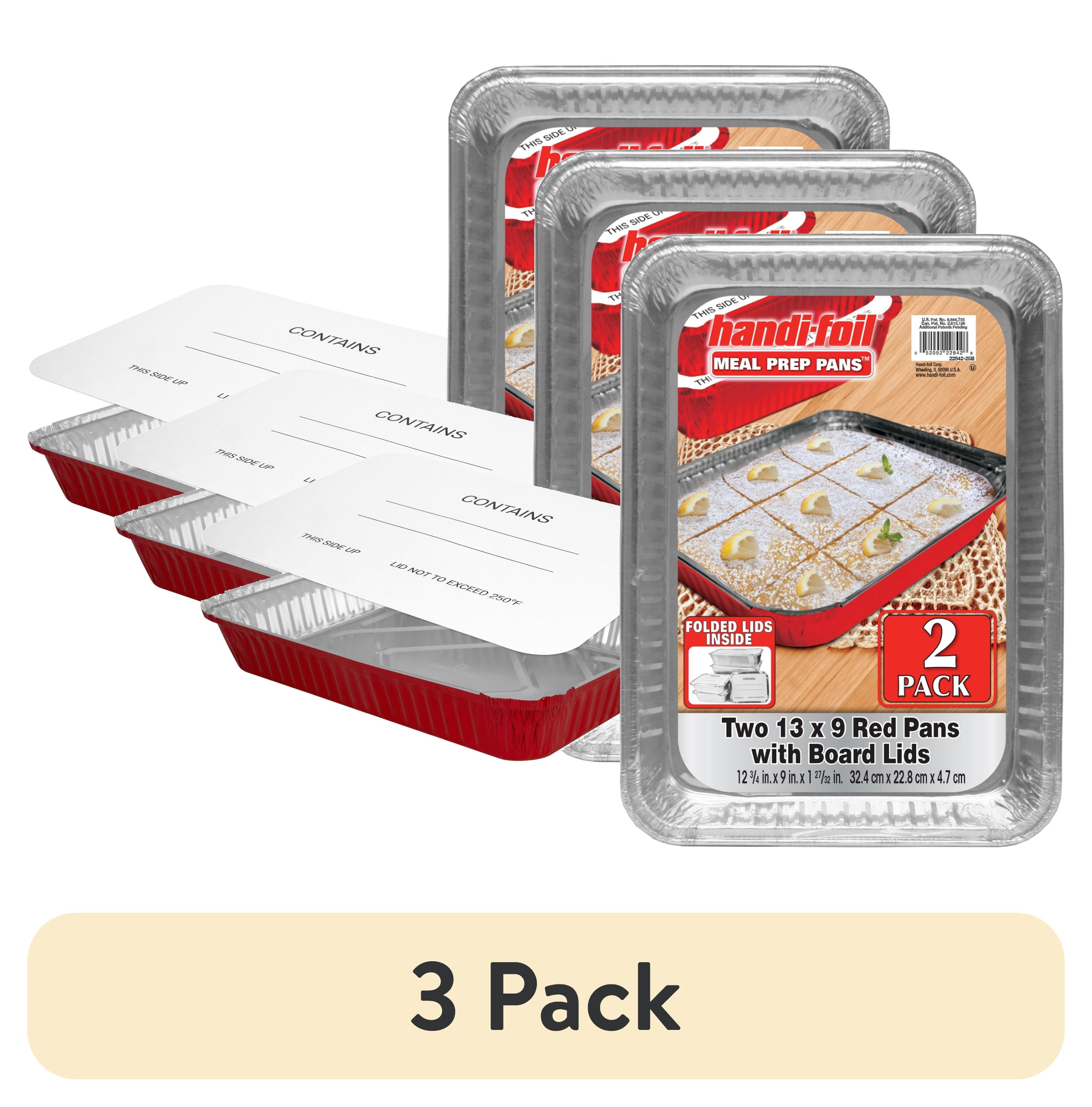 (3 pack) Handi-Foil 13" x 9" Aluminum Red Meal Prep Pans with Board Lids, 2 Count
