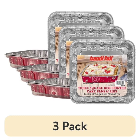 (3 pack) Handi-Foil 8" Square Aluminum Red Pan with Lids, 3 Count