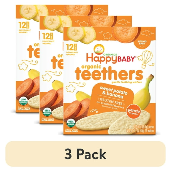 (3 pack) Happy Baby Organics Teethers, Sweet Potato & Banana Organic Gluten Free Gentle Teething Wafers, Box of 12-2packs (24 wafers)