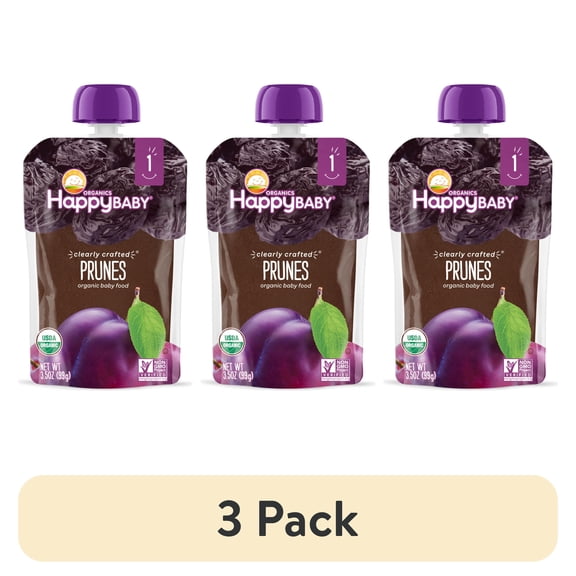 (3 pack) Happy Baby Clearly Crafted, Stage 1 Organic Baby Food Pouch, Prunes, 3.5 oz.