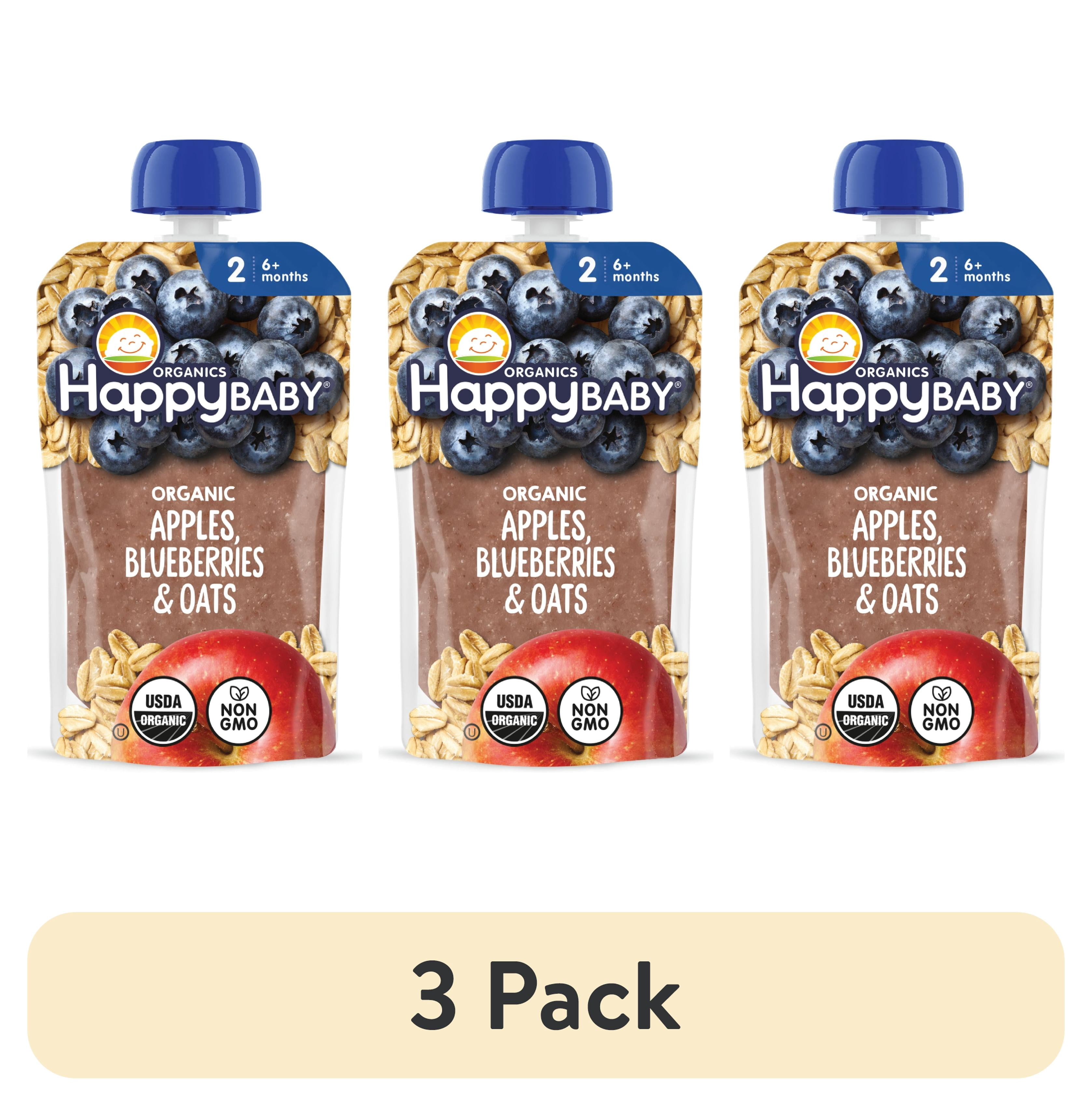 (3 pack) Happy Baby, Stage 2 Organic Baby Food, Apples Blueberries & Oats, 4 oz. Pouch
