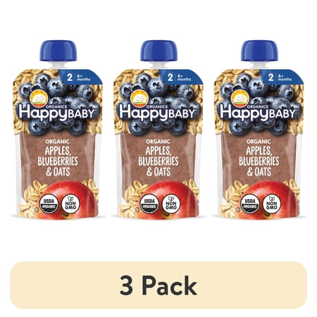 (3 pack) Happy Baby, Stage 2 Organic Baby Food, Apples Blueberries & Oats, 4 oz. Pouch