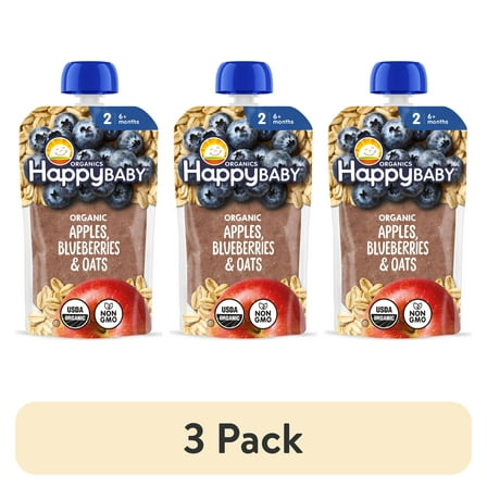 (3 pack) Happy Baby Organics, Stage 2 Organic Baby Food, Apples, Blueberries & Oats, 4oz Shelf Stable Pouch